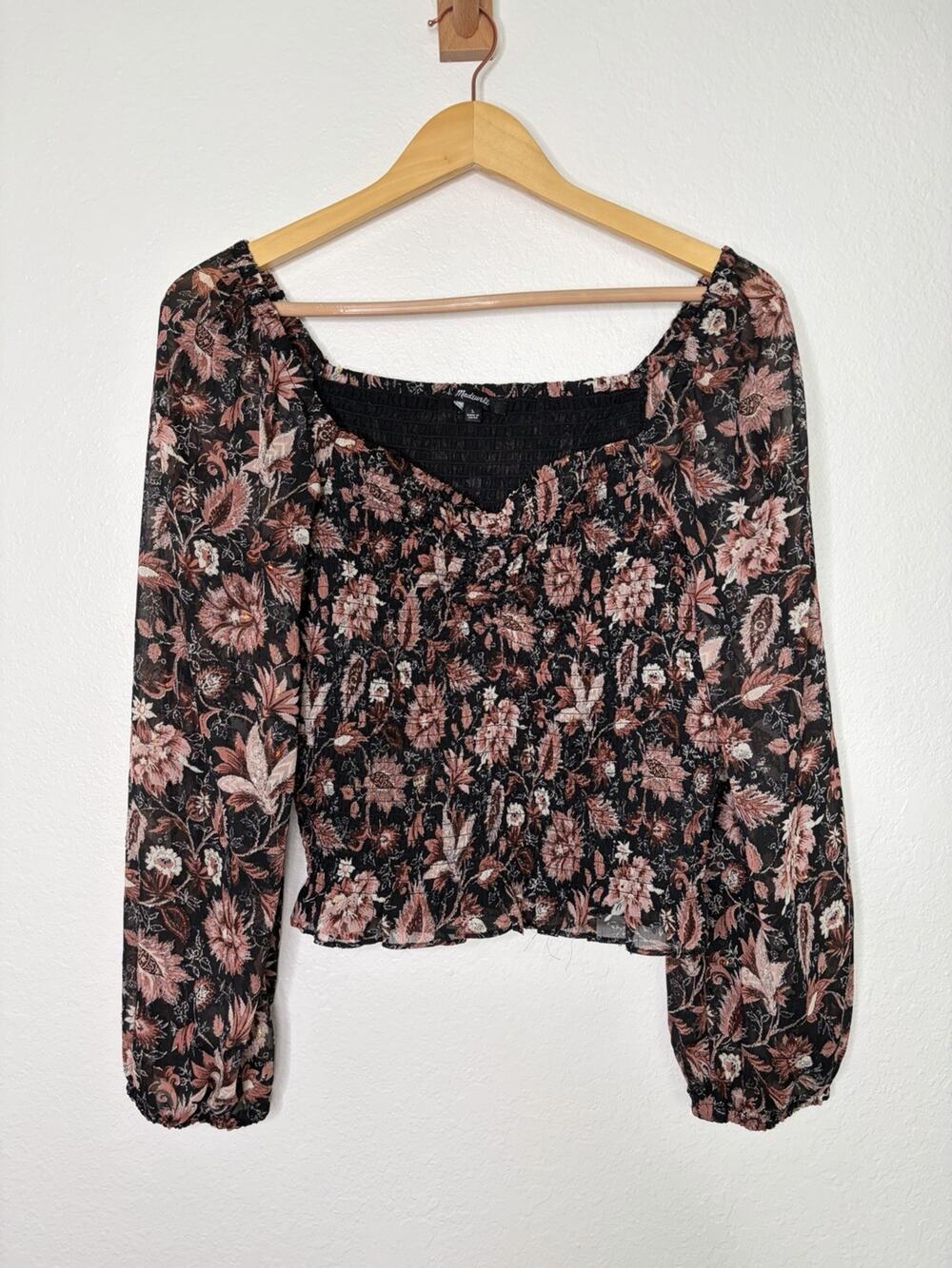 Madewell Lucie Floral Black Smocked Top Size Large Whimsy Cottagecore Boho